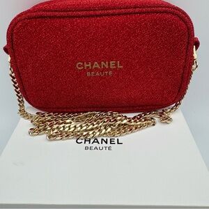 CHANEL Beaute Cometic Makeup Bag Pouch with Unbranded Crossbody Chain Red Gold